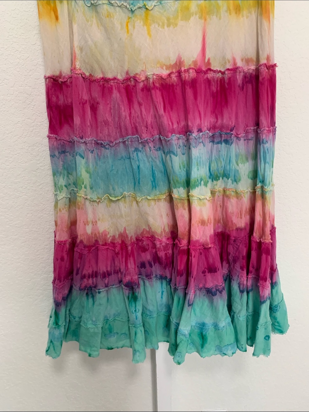 Y2K Sacred Threads Multicolor Tie-Dye Midi Skirt in Teal, Pink & Yellow - Picture 4 of 7